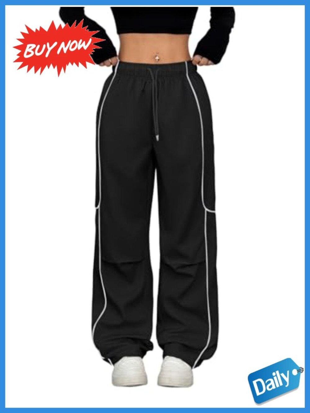Women's Parachute Cargo Jogger Pants Contrast Piping Wide Leg Y2K Streetwear